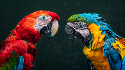 A red macaw and a blue-and-yellow macaw sitting face to face to each other