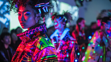 Spectacular fashion event featuring futuristic styles and colorful lights ​​





