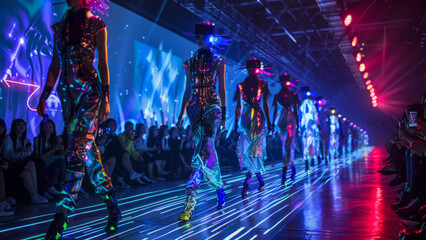 Spectacular fashion event featuring futuristic styles and colorful lights ​​





