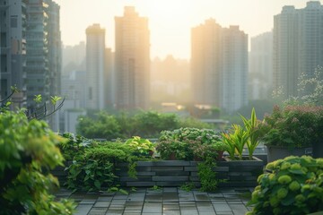 Fototapeta premium Sunrise over a tranquil urban rooftop garden, providing a serene contrast to the towering city skyline in the soft morning light.