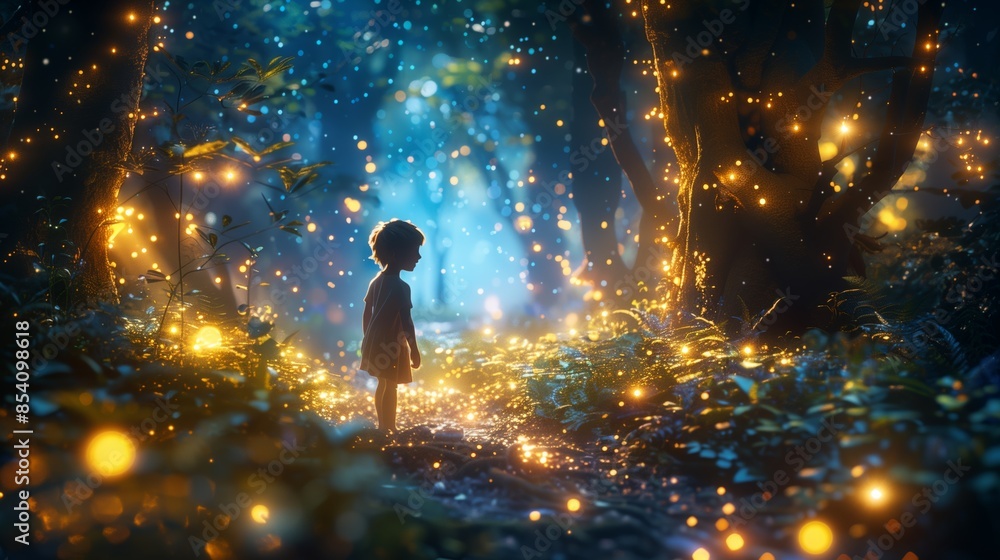Poster a child stands in awe as they witness a magical display of fireflies illuminating a mystical forest.