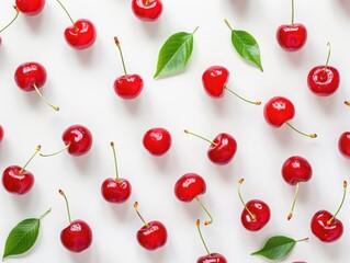 Fresh Cherry on a white background, top view