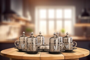 Natural hot tea or coffee set in kitchen