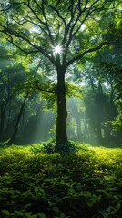 Sunlight filtering through lush green forest, highlighting a central tree with vibrant vegetation on a serene morning.