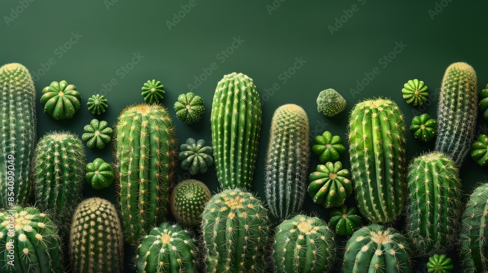 Poster an assortment of cacti in various shapes and sizes, arranged against a dark green backdrop, showcasi