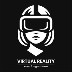 Woman with short hair wearing a VR headset, with a black background