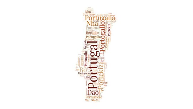 Portugal shape words animation. Portugal boundary filled with country names animated. Country opening, intro, presentation video.