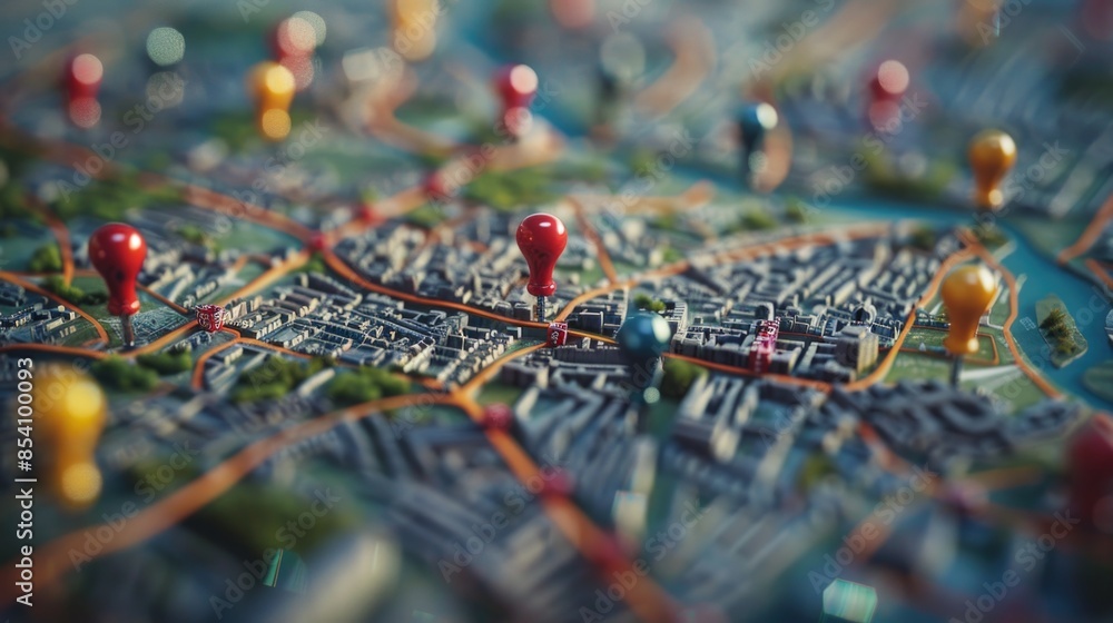 Poster a close-up view of a map with colorful pins marking various locations