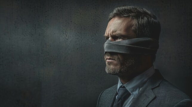 Businessman blindfolded in darkness. Profile of a businessman blindfolded with a cloth, standing in a dark, textured environment, symbolizing uncertainty and lack of vision. Banner with copy space - Powered by Adobe