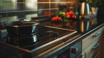 A close-up image of a stove top with a pot placed on it, ready for cooking