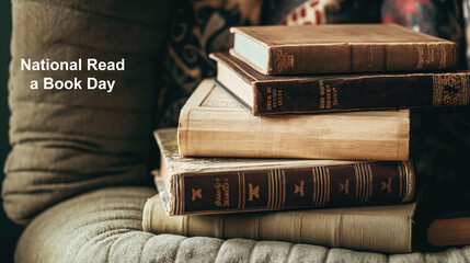National Read a Book Day: Celebrating with a Stack of Classic Books on a Cozy Sofa.