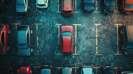 Aerial view of a crowded parking lot with many cars parked