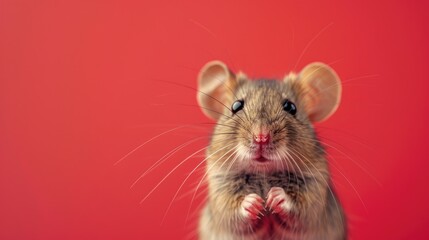 House mouse gazing upwards in a charming manner on a red background