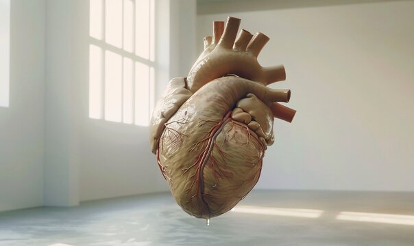 Large anatomically accurate human heart floating in the air copy space room. 3D concept of a heart. 