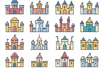 Castle icon, fairy tale forts, old towers, medieval castles, kingdom symbol, king home, fairytale fortress