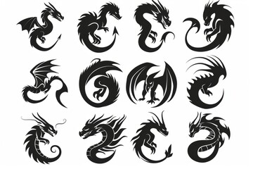 Fototapeta premium Dragons icon silhouette, dino, wyvern symbols, dinosaurs isolated, mythical monster, minimal flat tattoo