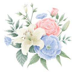 Watercolor Hand drawn illustration 4th of July Independence Day pink rose white lily blue flax flower bouquet Decoration Illustration Clipar