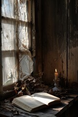 Obraz premium A open book is placed on a table beside a window, suitable for use in educational or office settings