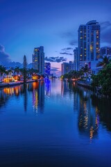 Obraz premium A river runs through the heart of a bustling city, surrounded by towering skyscrapers and urban landscapes