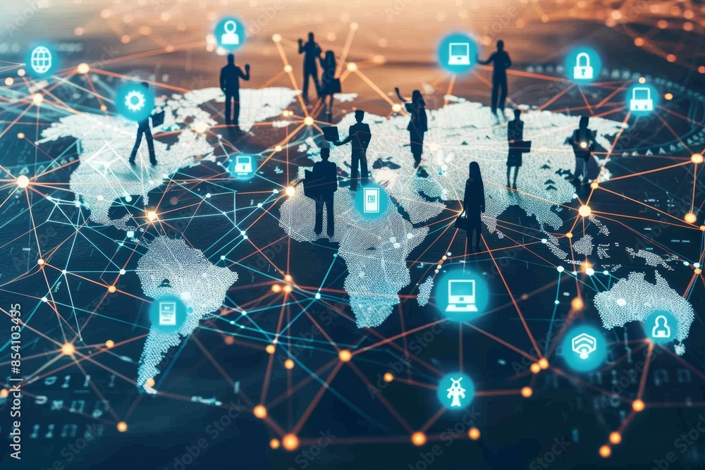 Aufkleber Futuristic global digital network with interconnected data, emphasizing technology, innovation, and communication in cyberspace, Generative AI