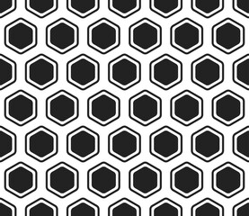 Geometric background. Bold rounded hexagons mosaic cells with padding and inner solid cells. Large hexagon shapes. Seamless tileable vector illustration.