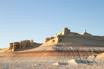Kyzylkup area landscape, Mangystau desert. Rock strata formations
