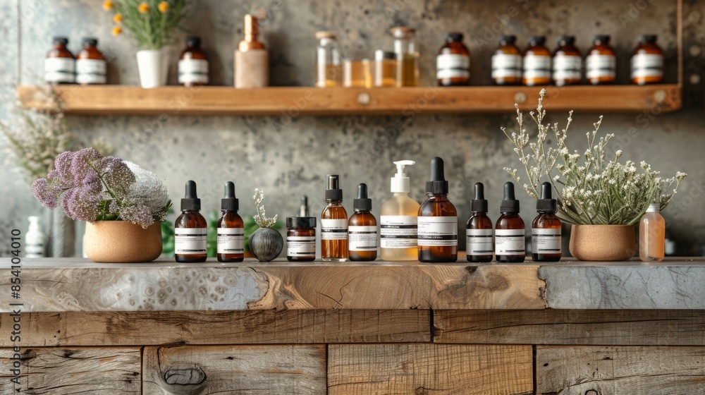 Poster Amber bottles of essential oils on rustic counter, shelf above with extra bottles. Potted plants add natural touch to scene.