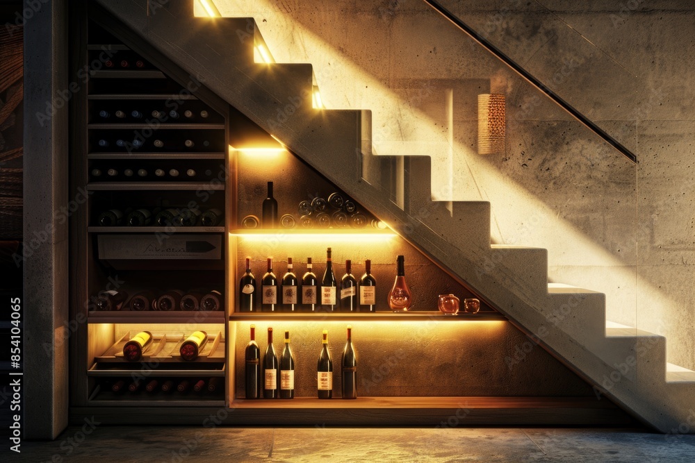 Poster a collection of wine bottles displayed on a shelf, suitable for use in articles or advertisements ab