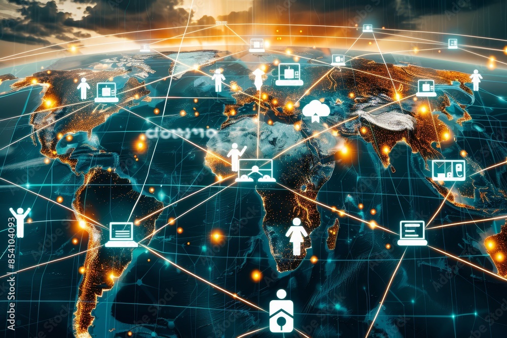 Poster Global digital network with interconnected data points, representing futuristic technology and innovative communication systems, Generative AI