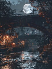 Scenic nighttime view of a creek flowing under a bridge with a full moon illuminating the cloudy sky and glowing streetlights.