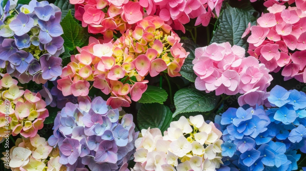 Aufkleber a close-up view of vibrant, multi-colored hydrangea blooms in full bloom. the flowers are arranged i