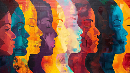 A diverse abstract painting of female faces in a spectrum of bold, vivid colors, layered and blending into each other against a textured background