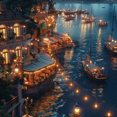 Romantic evening at a picturesque waterfront cafe, with boats and string lights reflecting on the water creating a cozy atmosphere.
