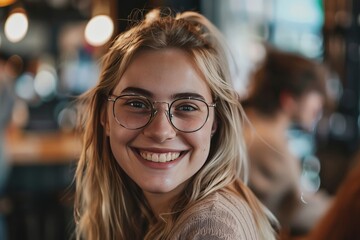 Obraz premium Portrait of a cheerful young woman with blonde hair and glasses in a cozy café setting