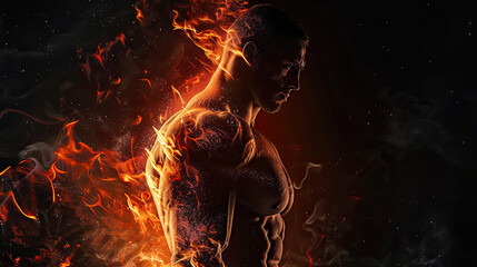 Plakat Bodybuilder man on fire isolated on black background
