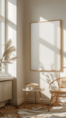 Vertical mockup of blank canvas or picture frame for big vertical poster in white minimalistic interior. Empty living room exhibition. With warm sunny light.