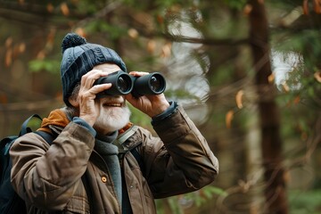 Elderly man looking through binoculars in the forest. Birdwatching, zoology, ecology. Ornithology, research in nature, observation of birds. Adventure and exploration concept