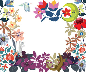 Colorful Hand Drawn Flower Frame with Animal Vector Illustration