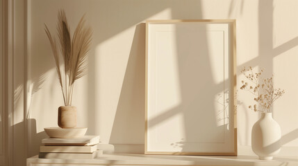 Mockup of blank canvas or picture frame for small poster vertical portrait in shelf in white minimalistic interior. With warm sunny light