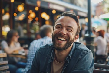 Fototapeta premium A close-up image captures a man laughing out loud with a defocused streetscape and people in the background