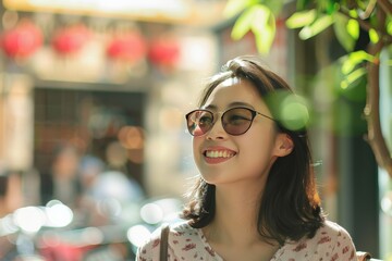 A joyful young woman in sunglasses smiles as sunlight dapples her face, with a blurred urban background