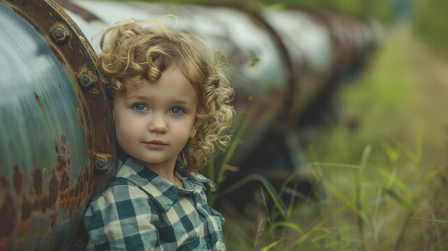 A child in a plaid shirt stands next to a large rusty pipeline on a green field, illustrating the contrast between the innocence of childhood and industrial decay