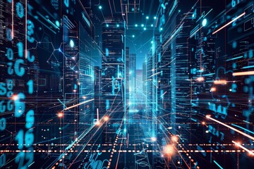 An elaborate cityscape full of digital lines and shapes with glowing lights and skyscrapers in a night setting