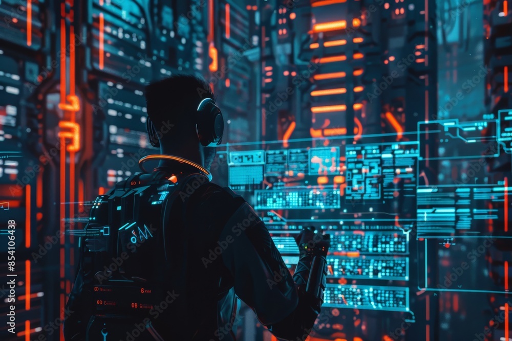 Poster image depicting an individual with headphones examining cyber data panels in a futuristic setting