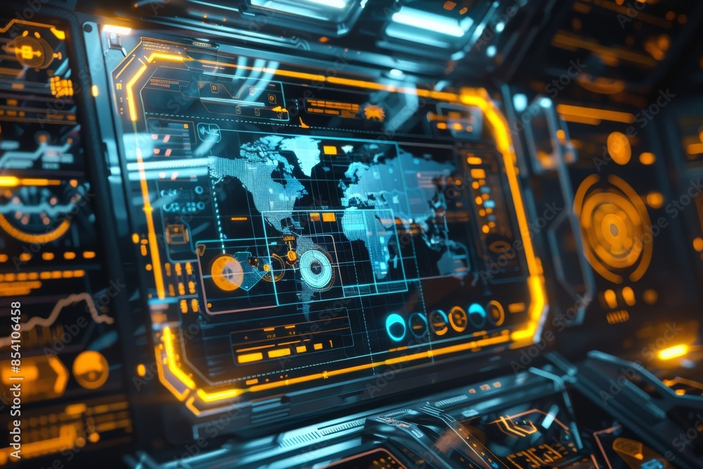 Poster A highly detailed image of a futuristic control dashboard with glowing elements and a worldwide data interface