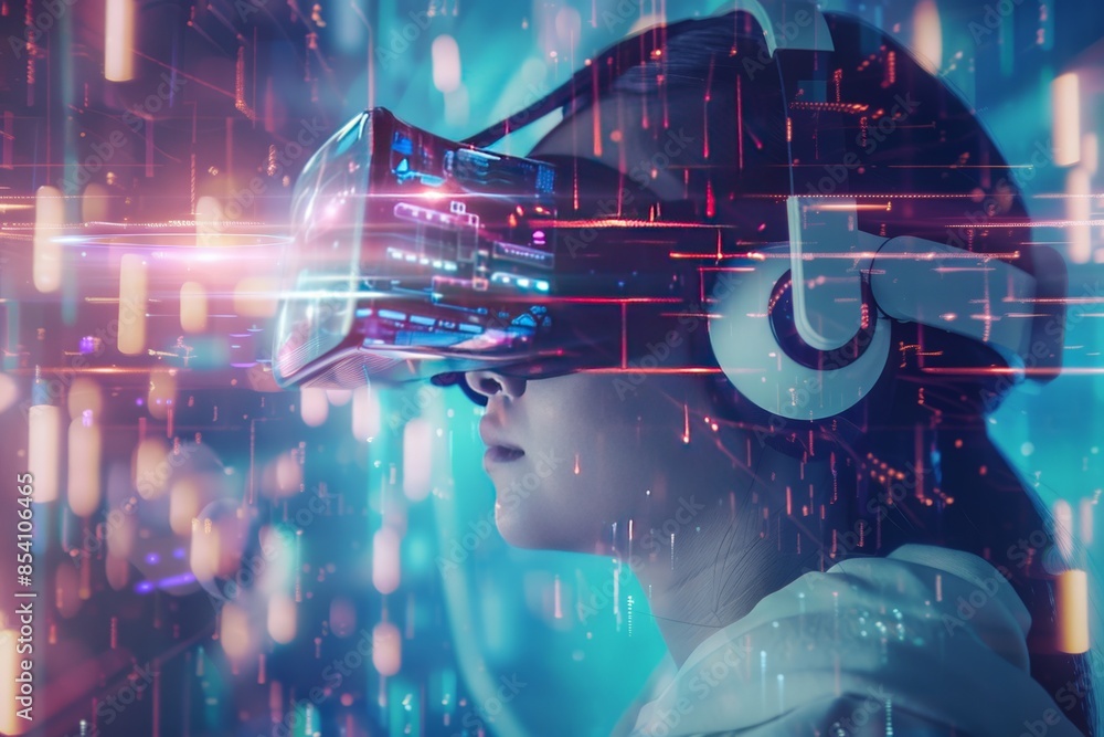 Poster An image of a person using a virtual reality headset, immersed in a digitalized, cyber data stream