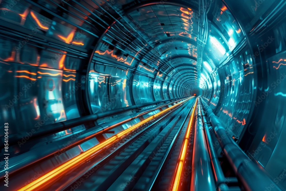 Aufkleber A vibrant image of an empty futuristic tunnel bathed in neon lights, suggesting a high-speed transit way