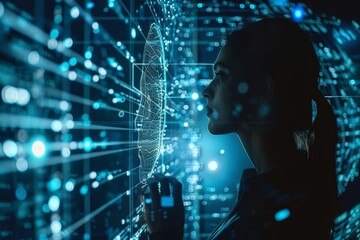 A person is interacting with a sophisticated virtual reality interface with advanced graphics