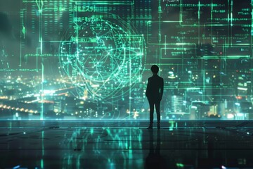 A silhouette of a person overlooking a futuristic cityscape overlaid with a complex digital grid and interfaces