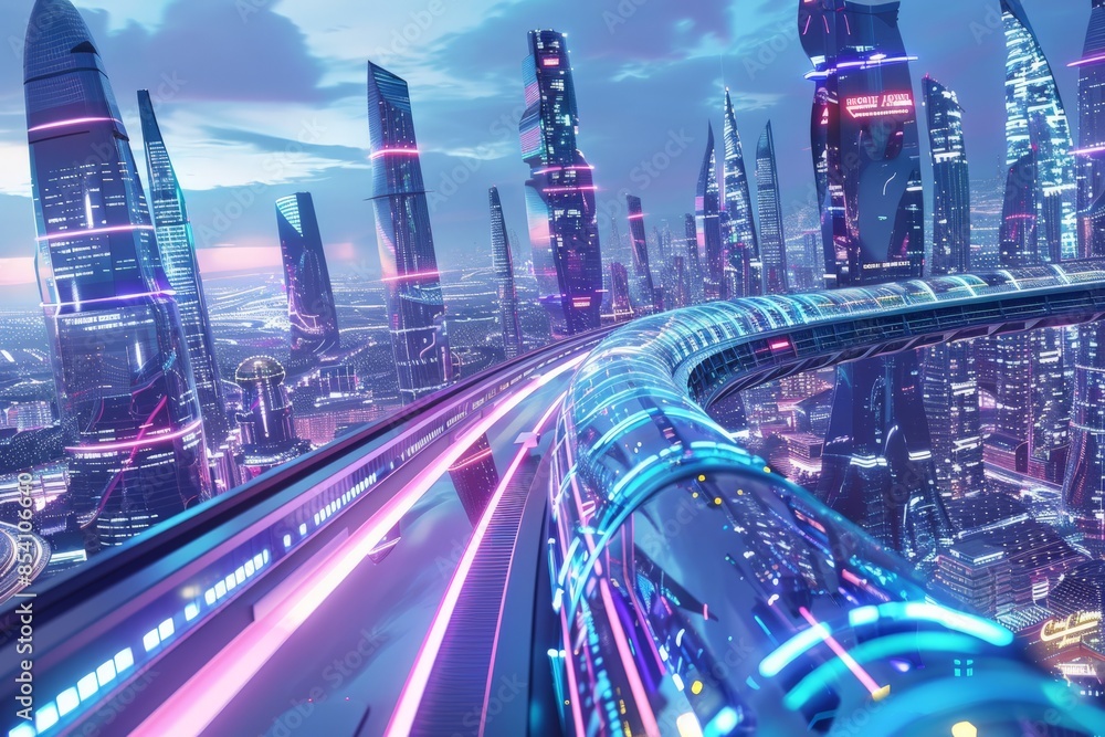 Poster elevated roads and high-tech skyscrapers define a futuristic city skyline rendered in soft pastel co